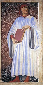 ANDREA DEL CASTAGNO <br />(Castagno prima del 1419-Firenze 1457)<br />Dante<br />1448 - 1449<br />affresco staccato<br />iscrizione: DANTE DE ALEGIERIS FLORENTINI<br />Firenze, Galleria degli Uffizi<br />Inv. S. Marco e Cenacoli n. 167<br />Boccaccio<br />1448 - 1449<br />affresco staccato <br />iscrizione: DOMINUS IOHANNES BOCCACCIUS<br />Firenze, Galleria degli Uffizi<br />Inv. S. Marco e Cenacoli n. 165